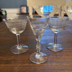 Lot of 3 Vintage Needle Etched Champagne Coupe Glasses ~ EUC ~ Barware ~ Wine